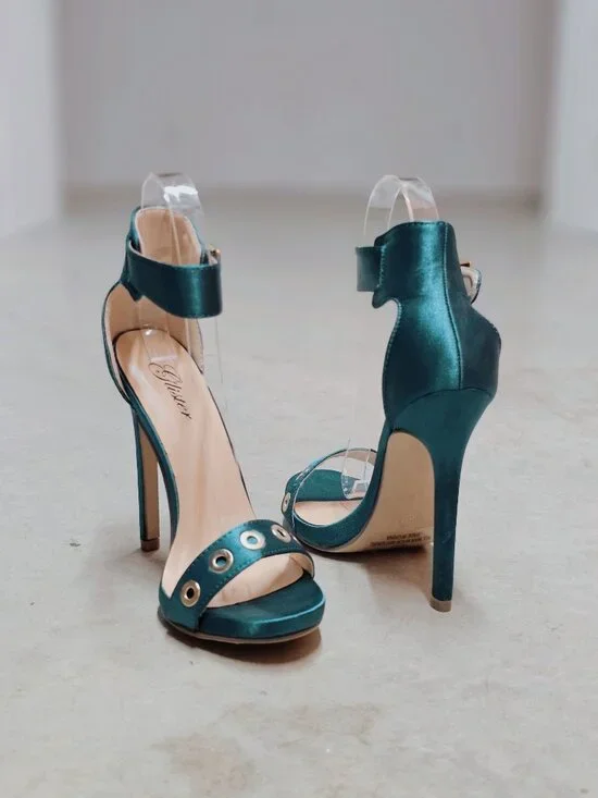 Teal Satin High Heel Sandals With Ankle Strap & Grommet Detail Womens - Picture 11 of 13